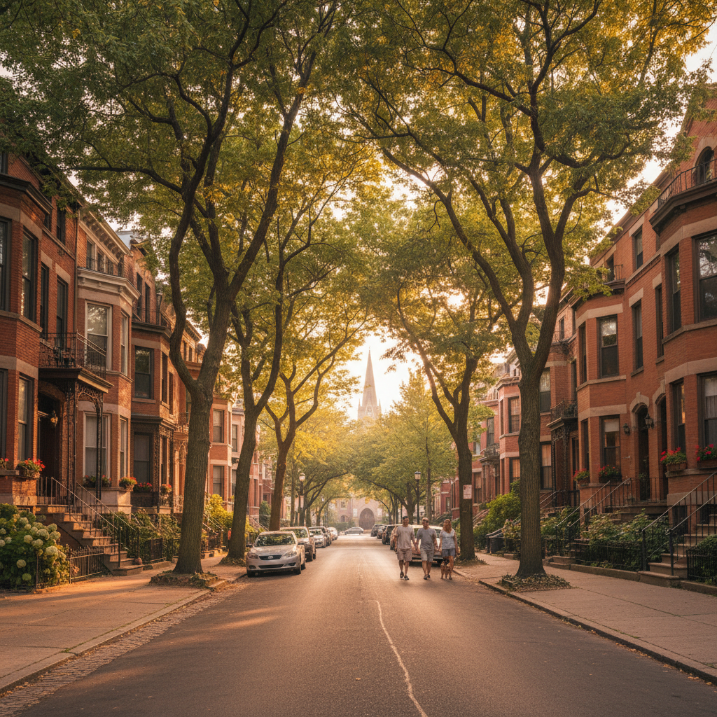 Chicago neighborhood street with brick townhouses and trees