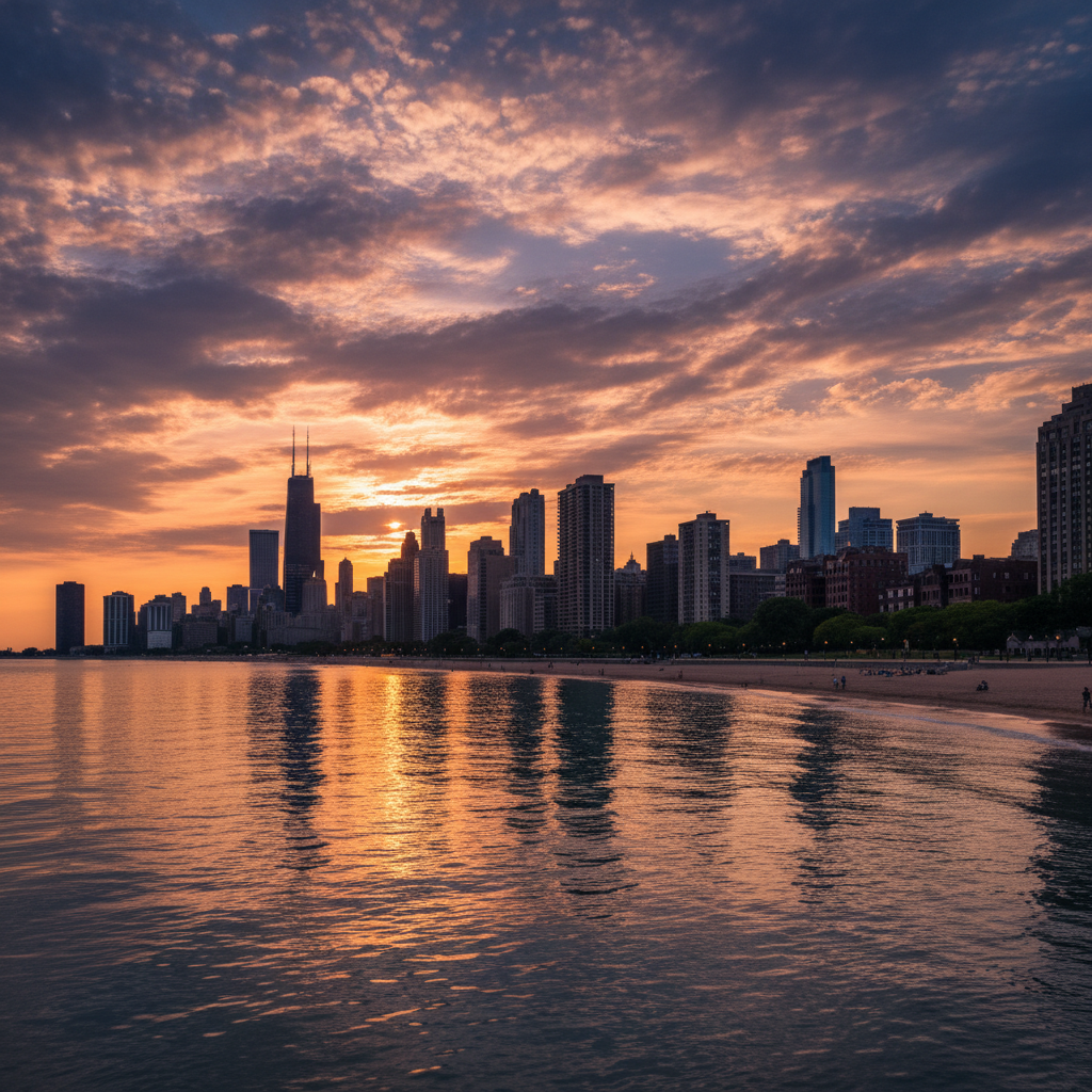 Chicago skyline at golden hour from Lake Michigan