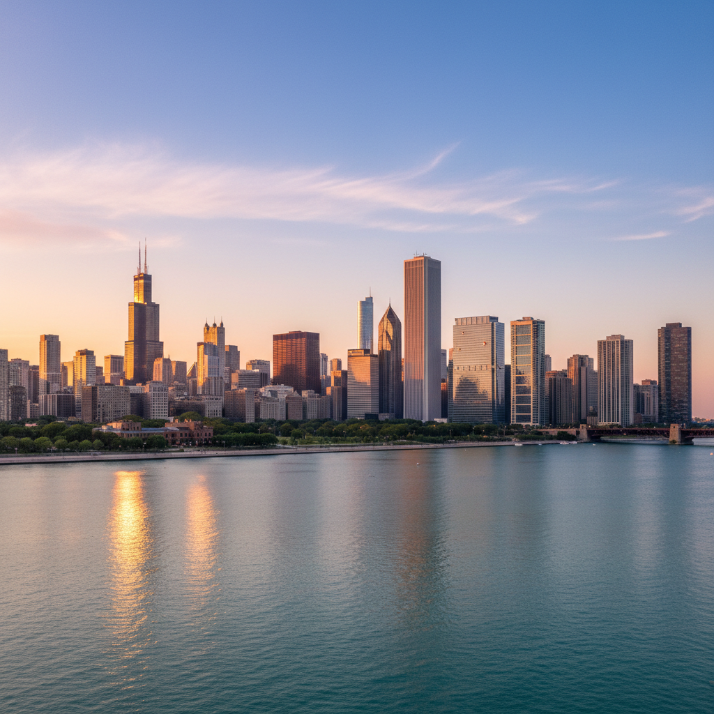 Chicago cityscape at golden hour with downtown skyline and Lake Michigan