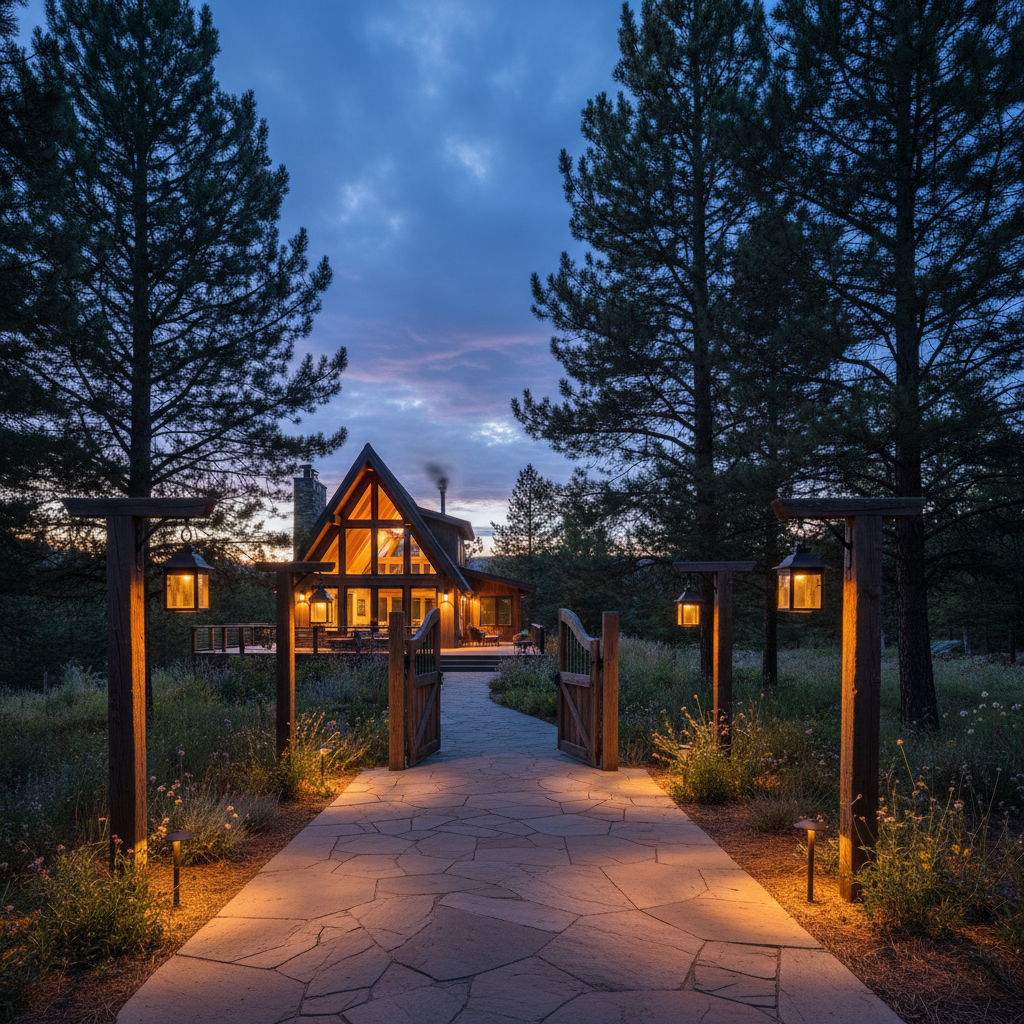Mountain cabin exterior at twilight