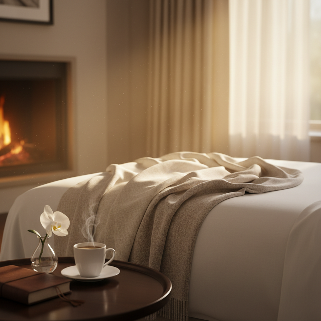 Cozy vacation rental bedroom with plush bedding
