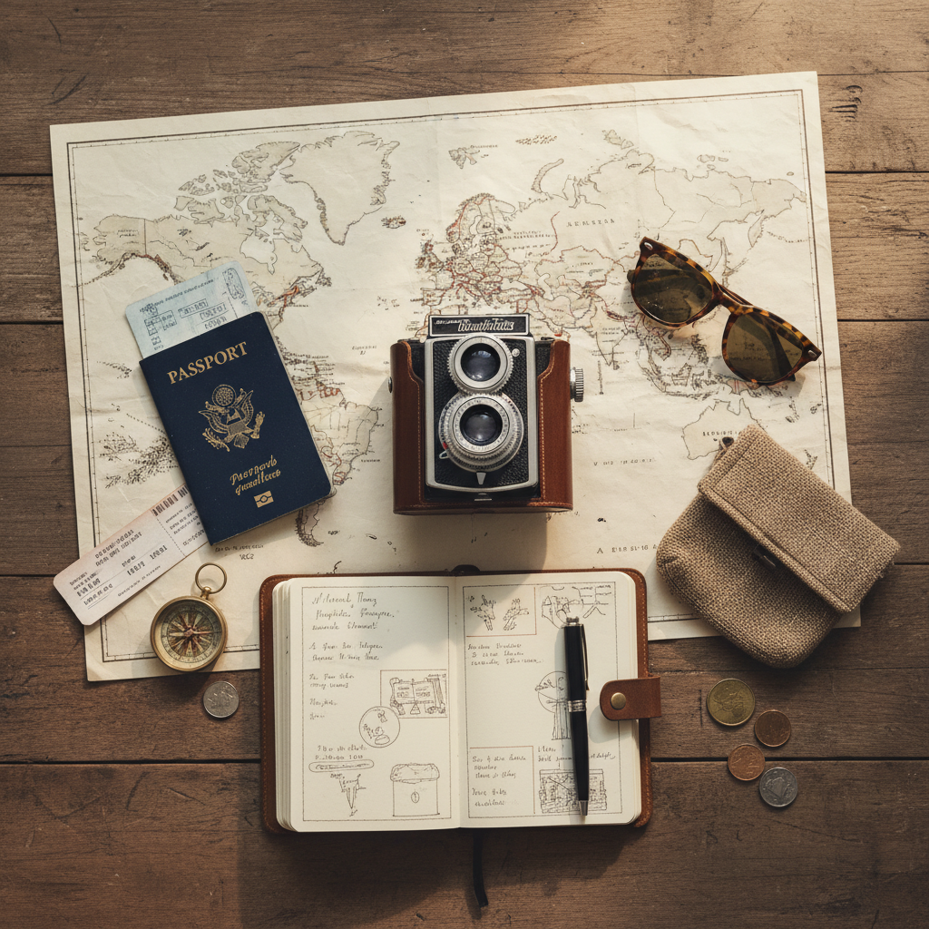 Travel flat lay with camera and map