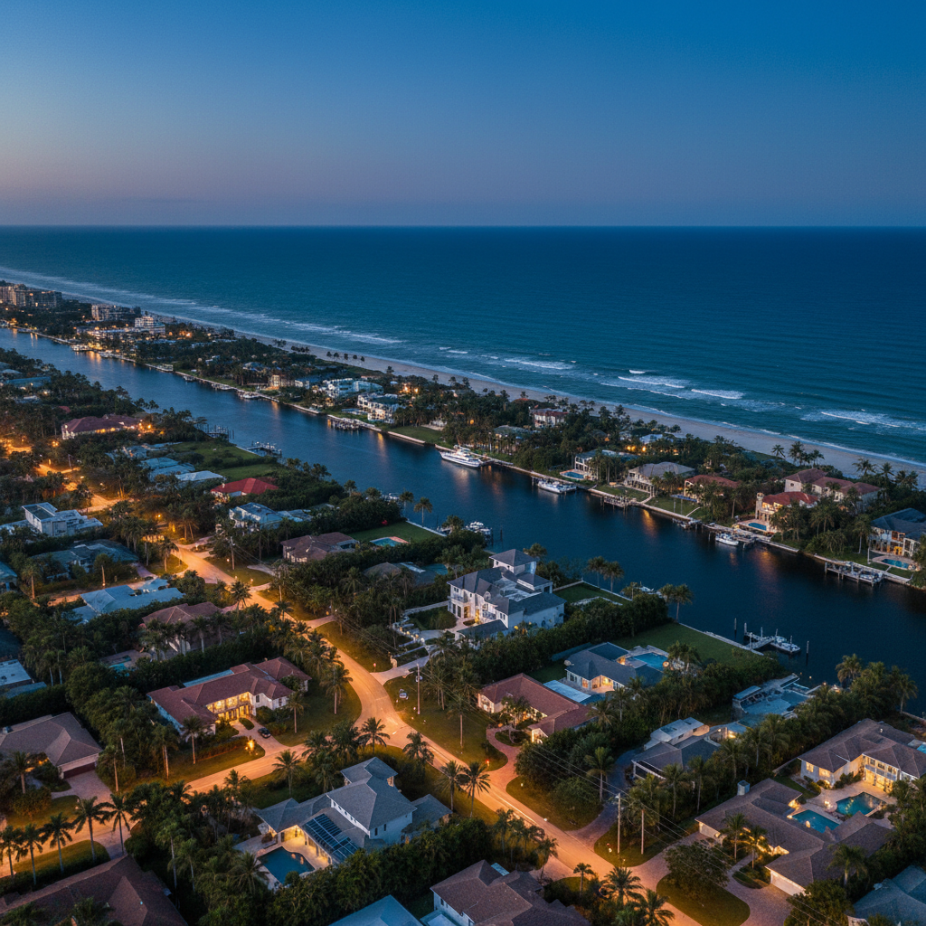 Aerial view of South Florida coastline at dusk
