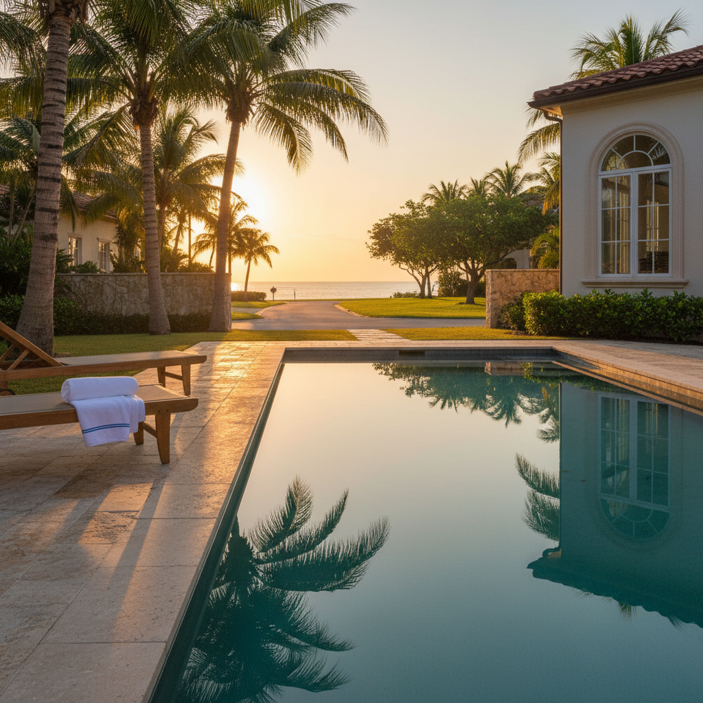 Luxury South Florida beachfront villa at golden hour