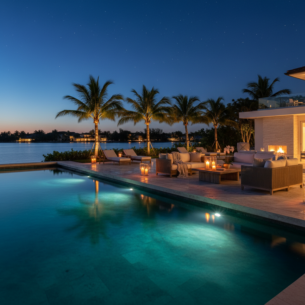 Luxury South Florida pool at night