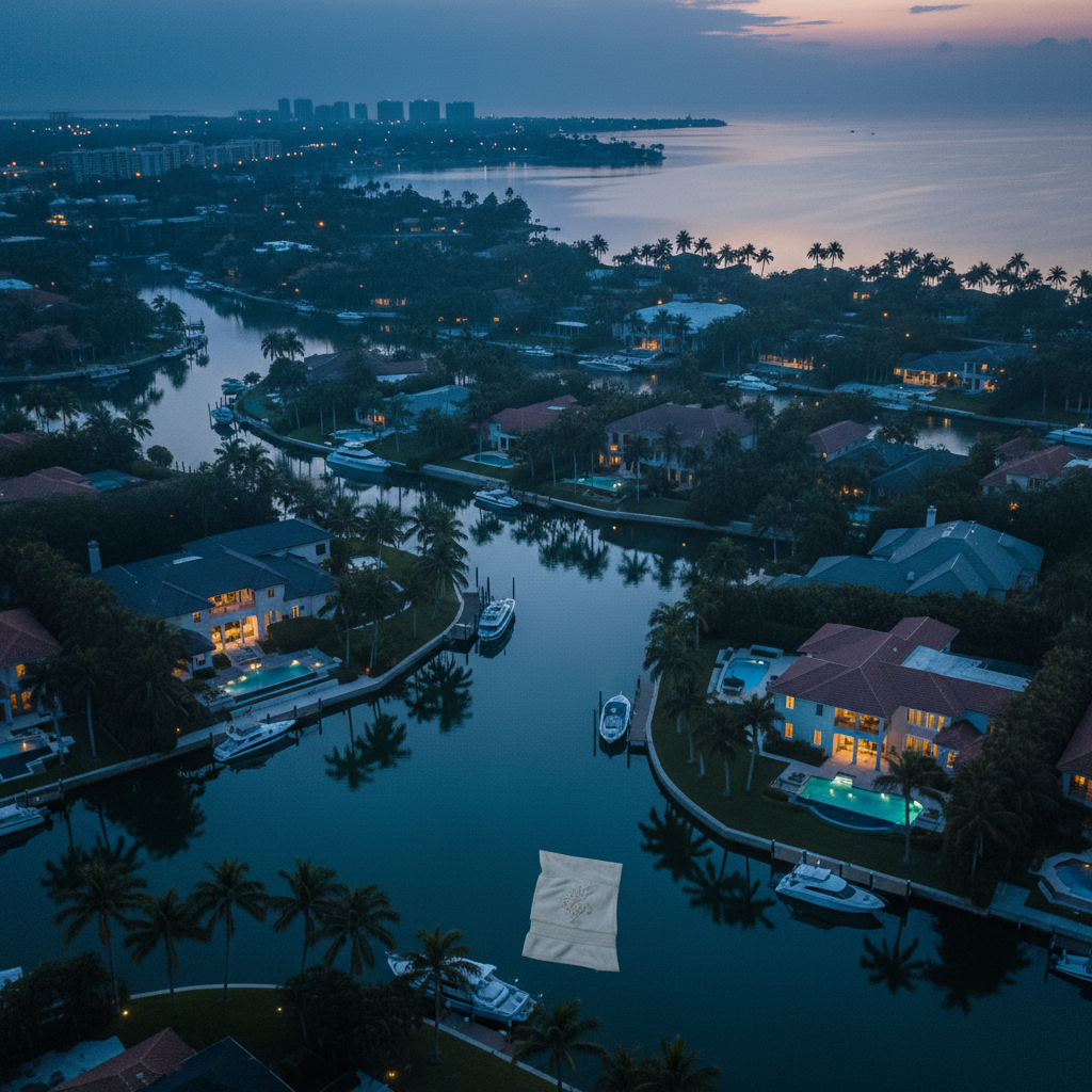 Aerial view of luxury South Florida coastal neighborhood at dusk