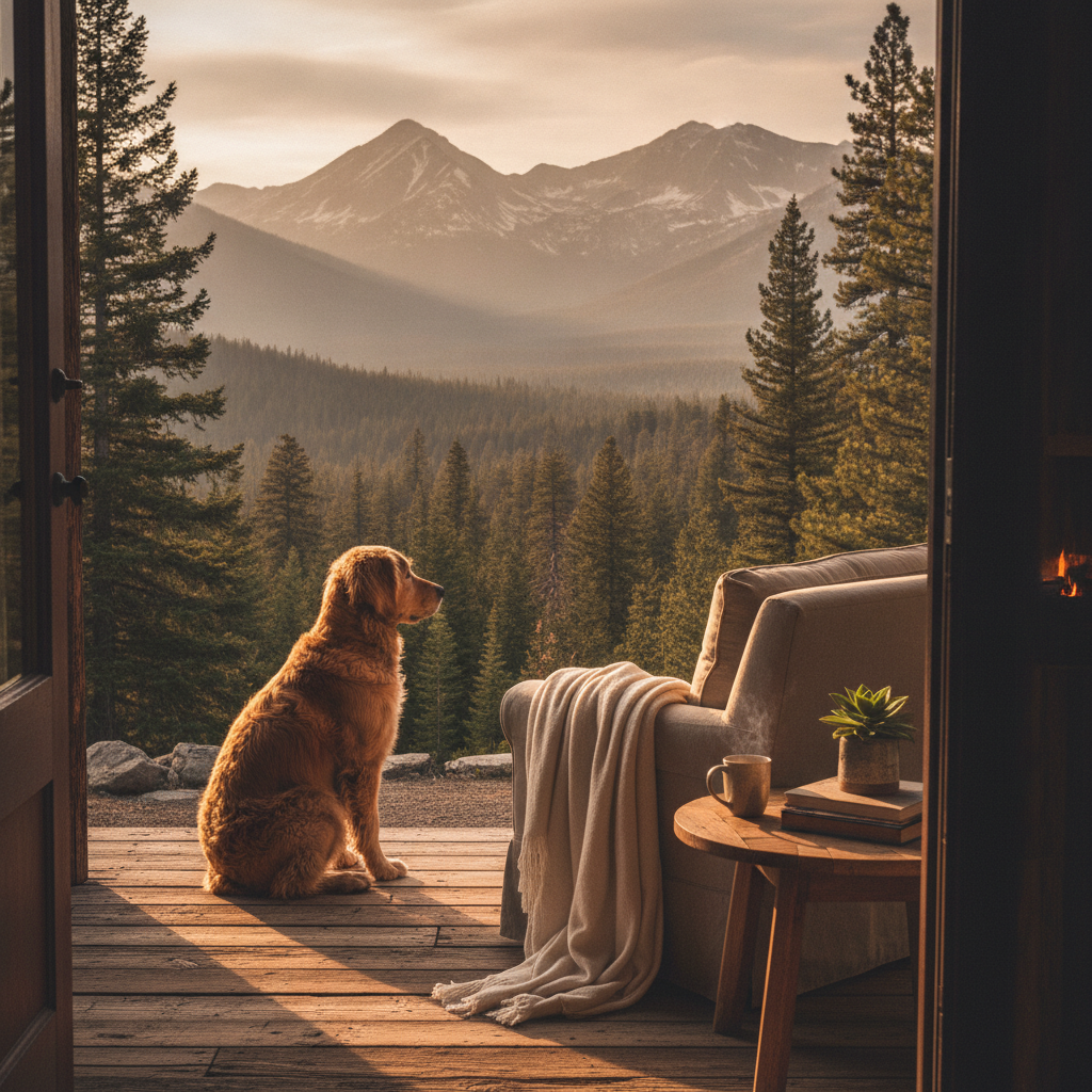 Dog on cabin porch near Yosemite