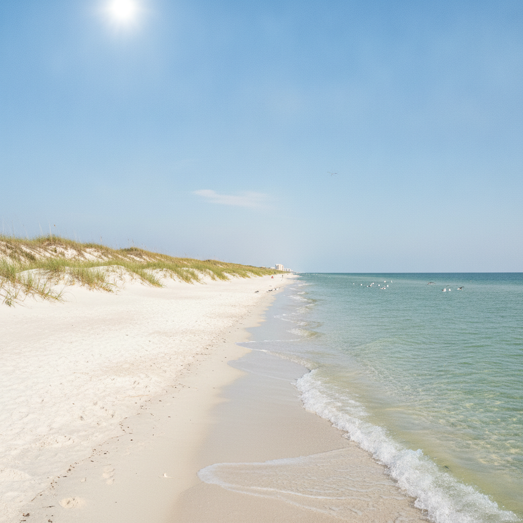 The undeveloped dune line and shoreline of Shell Island, the barrier island at the southern end of St. Andrews State Park near Panama City Beach, on a clear summer morning