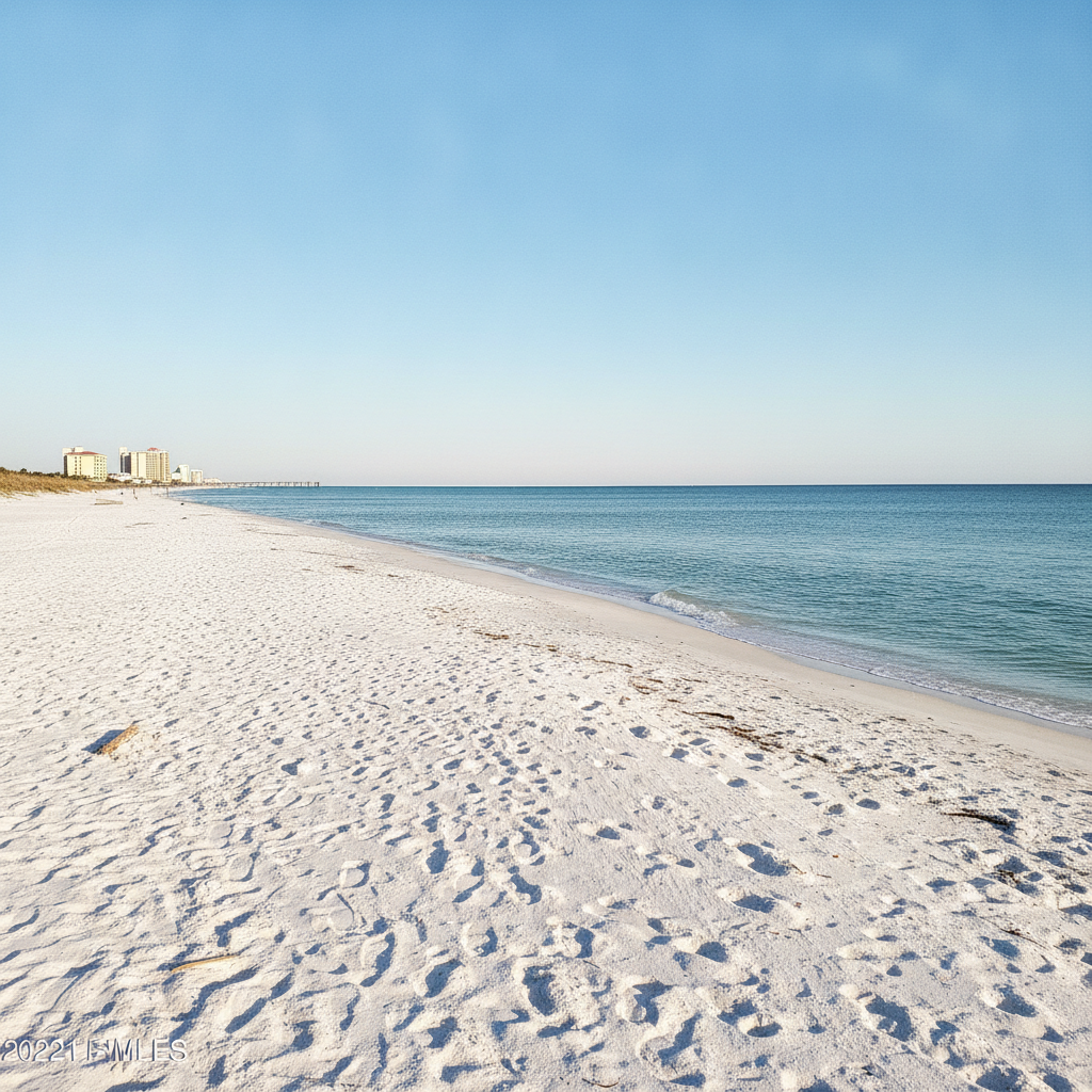 Sugar-white sand and calm Gulf water at Bid-A-Wee Beach, Panama City Beach, on a clear late-autumn afternoon