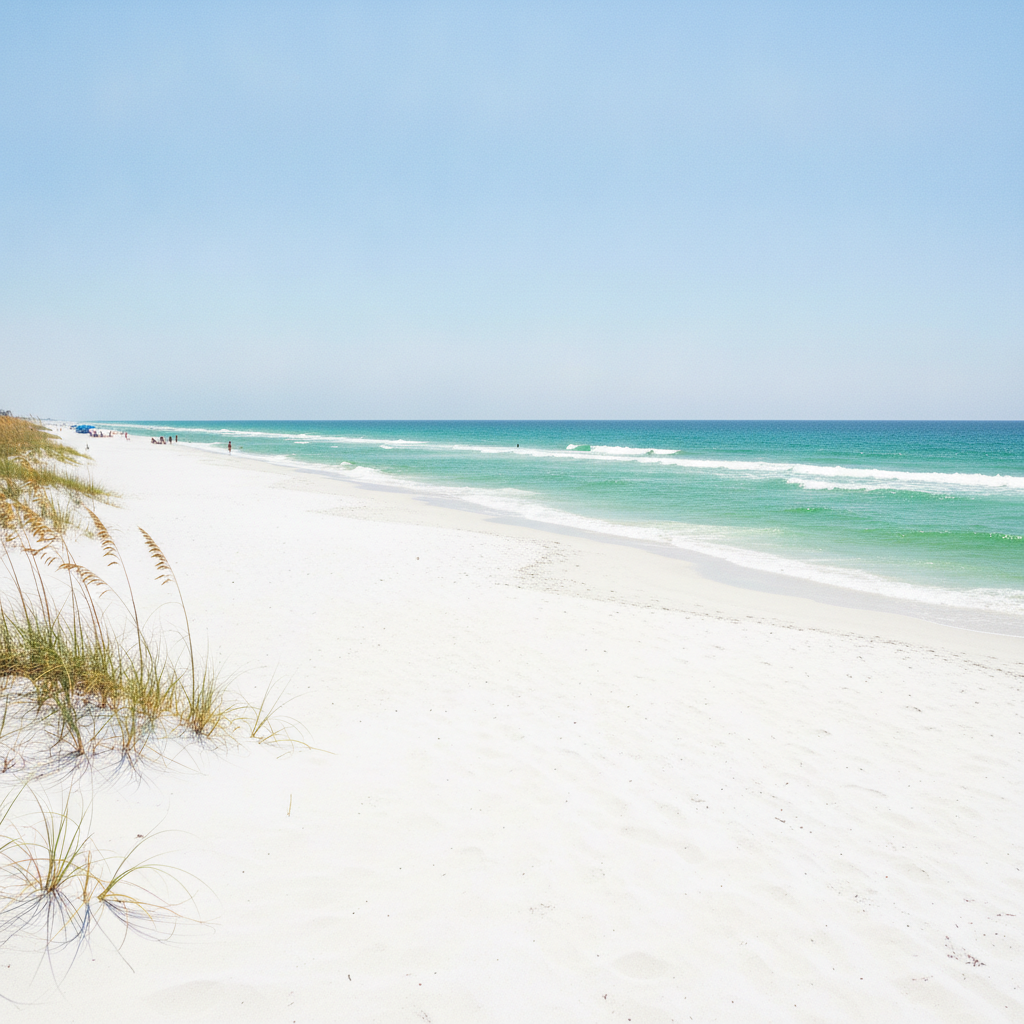 Sugar-white sand and emerald Gulf water at the west end of Panama City Beach, Florida, on a clear summer morning