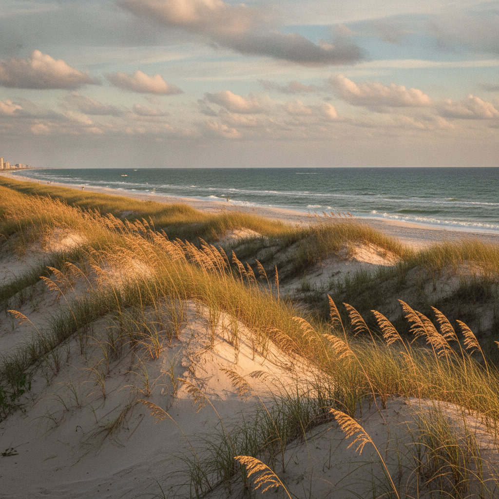 Sand dunes and sea oats along the shoreline at St. Andrews State Park, Panama City, Florida, with the Gulf beyond