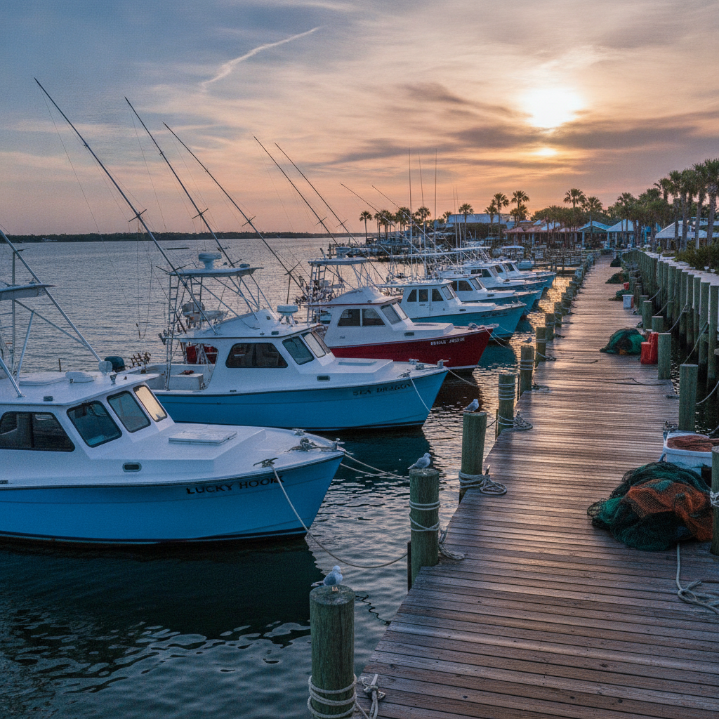 Charter boats tied up along the docks at Capt. Anderson's Marina on North Lagoon Drive, Panama City Beach, early morning