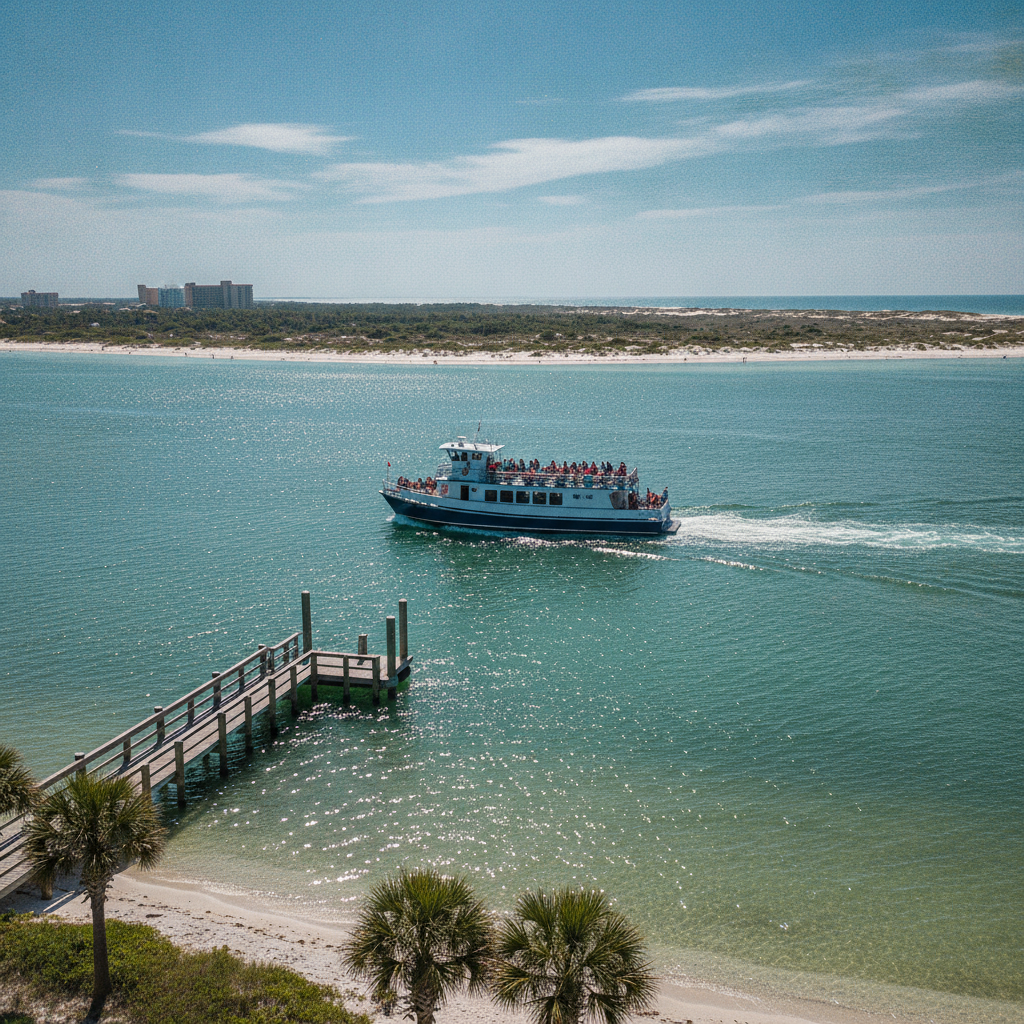 The Shell Island ferry crossing from St. Andrews State Park in Panama City Beach, Florida, toward the undeveloped barrier island