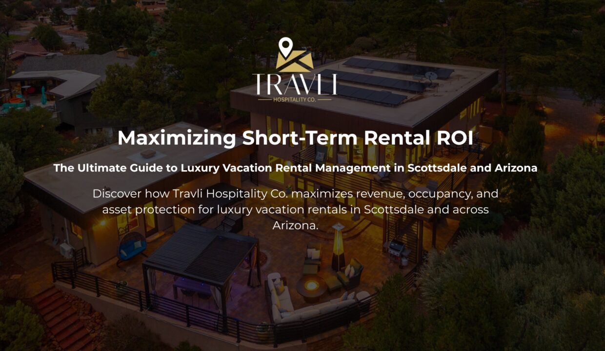 Modern luxury vacation rental compound in Paradise Valley, Arizona, managed by Travli Hospitality Co., showcasing a custom resort-style pool and desert landscaping at twilight.
