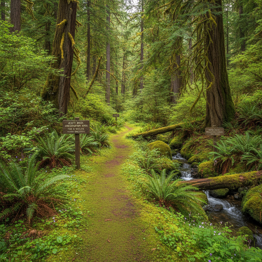 Moss-covered forest trail through the Jewett Creek Park fish and wildlife conservation area in White Salmon, Washington
