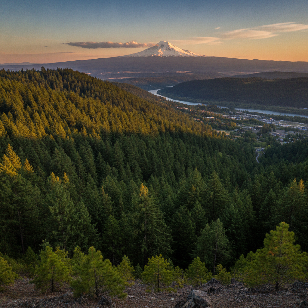 Forested hillside above White Salmon, Washington, with Douglas firs and Mount Hood visible in the distance