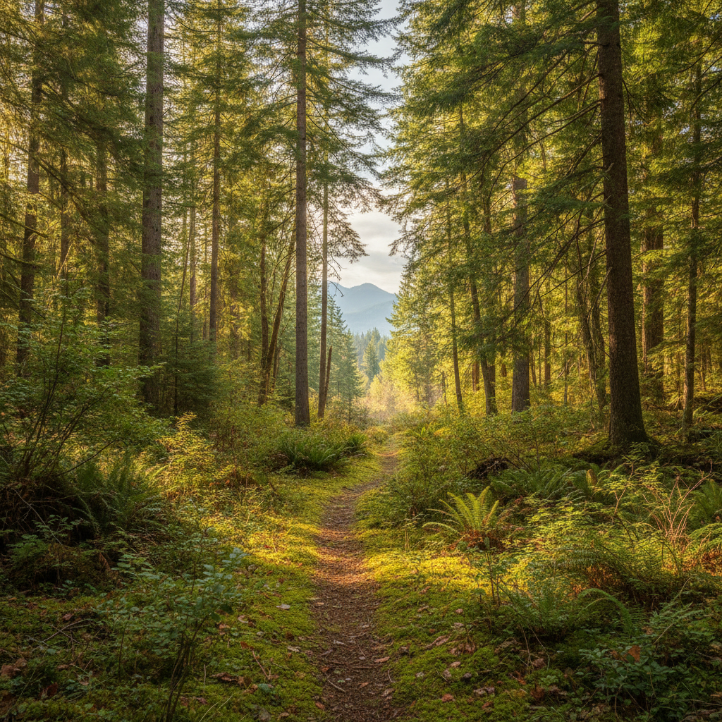 Forest clearing in White Salmon, Washington with evergreen trees and filtered afternoon light
