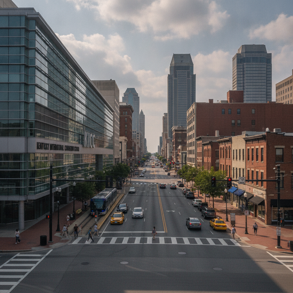 Downtown Louisville street scene on Market Street with the Kentucky International Convention Center across the road