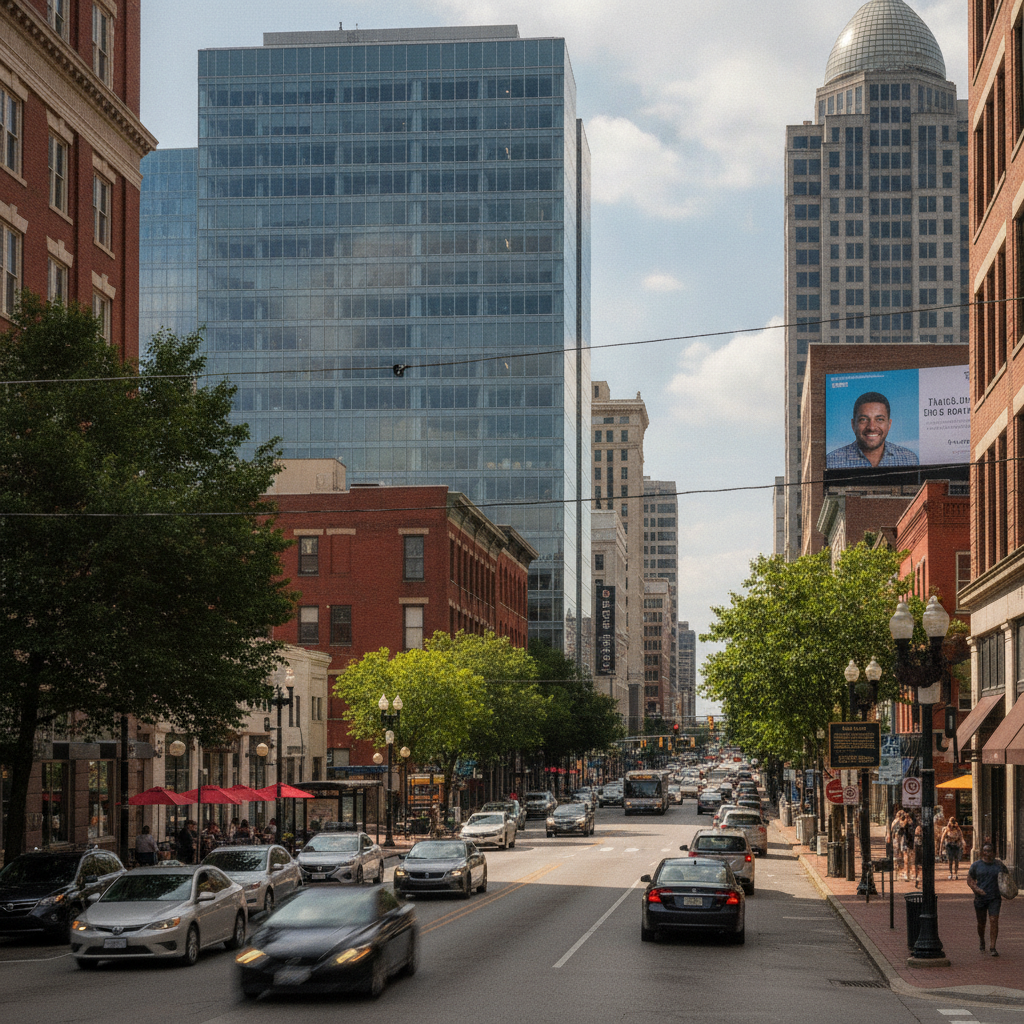 Downtown Louisville street scene on Market Street with the Kentucky International Convention Center in the background