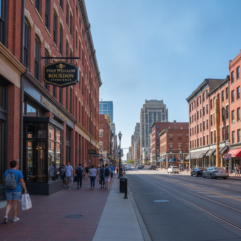 West Main Street in downtown Louisville, the Whiskey Row block near the Evan Williams Bourbon Experience, on a clear afternoon