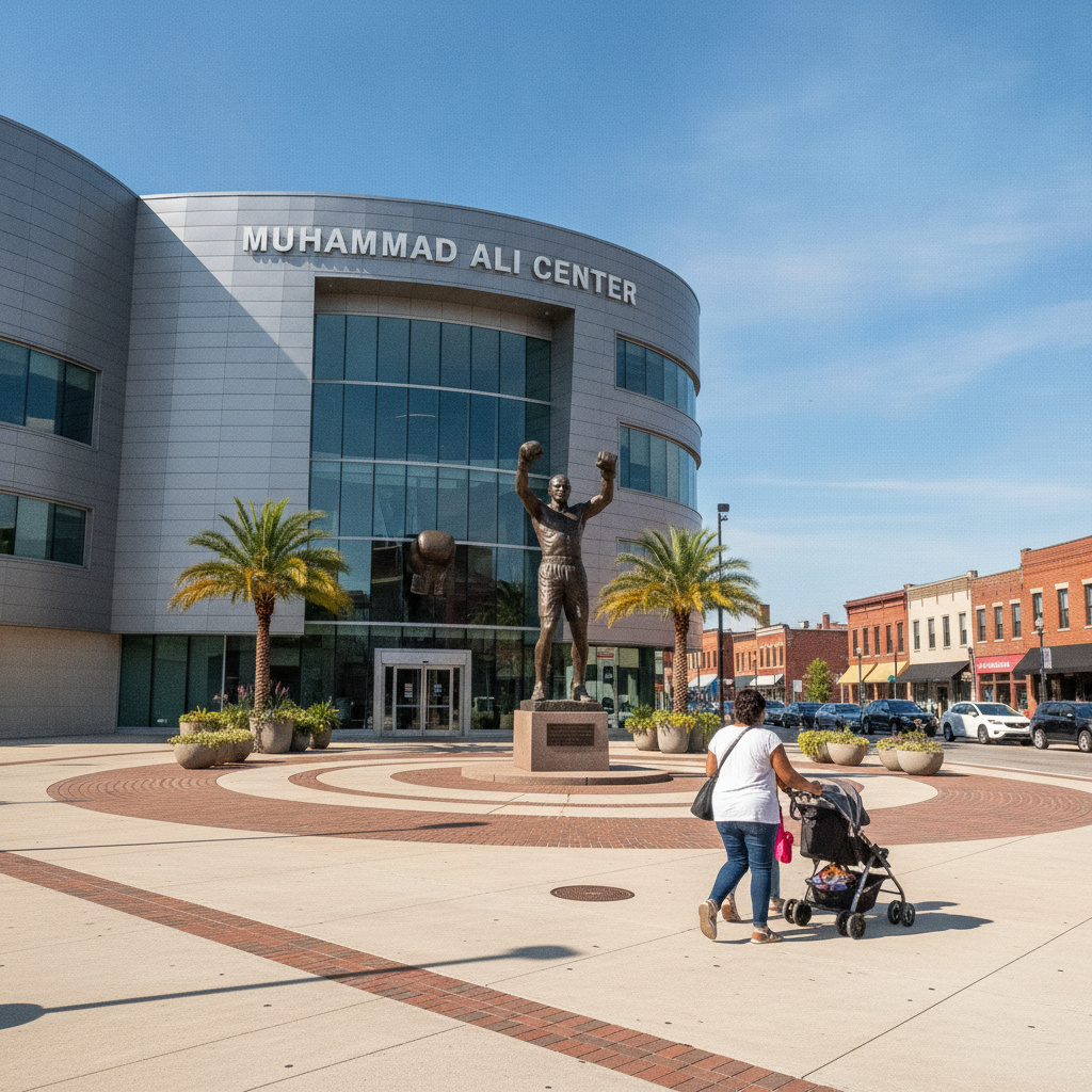 The Muhammad Ali Center on North Sixth Street in downtown Louisville, seen from the sidewalk on a clear day