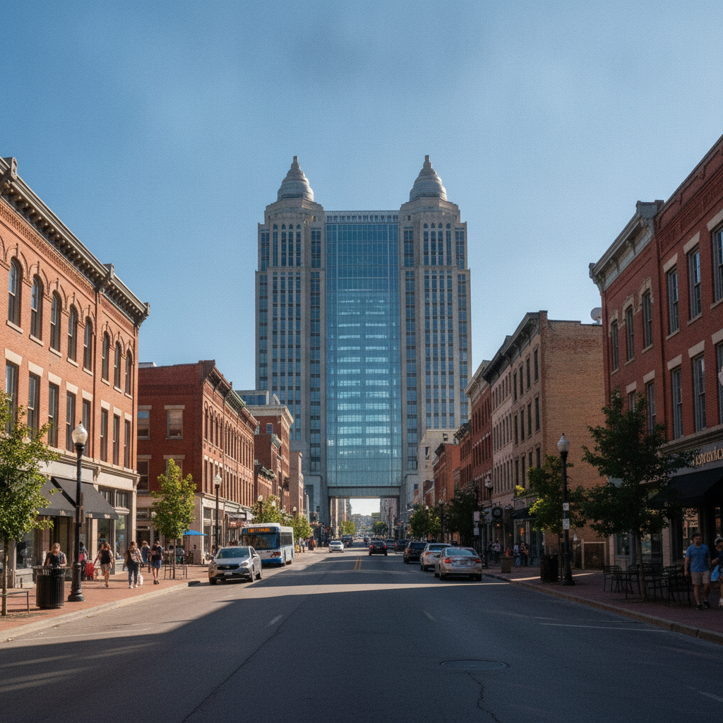Market Street in downtown Louisville looking toward the Kentucky International Convention Center on a clear afternoon