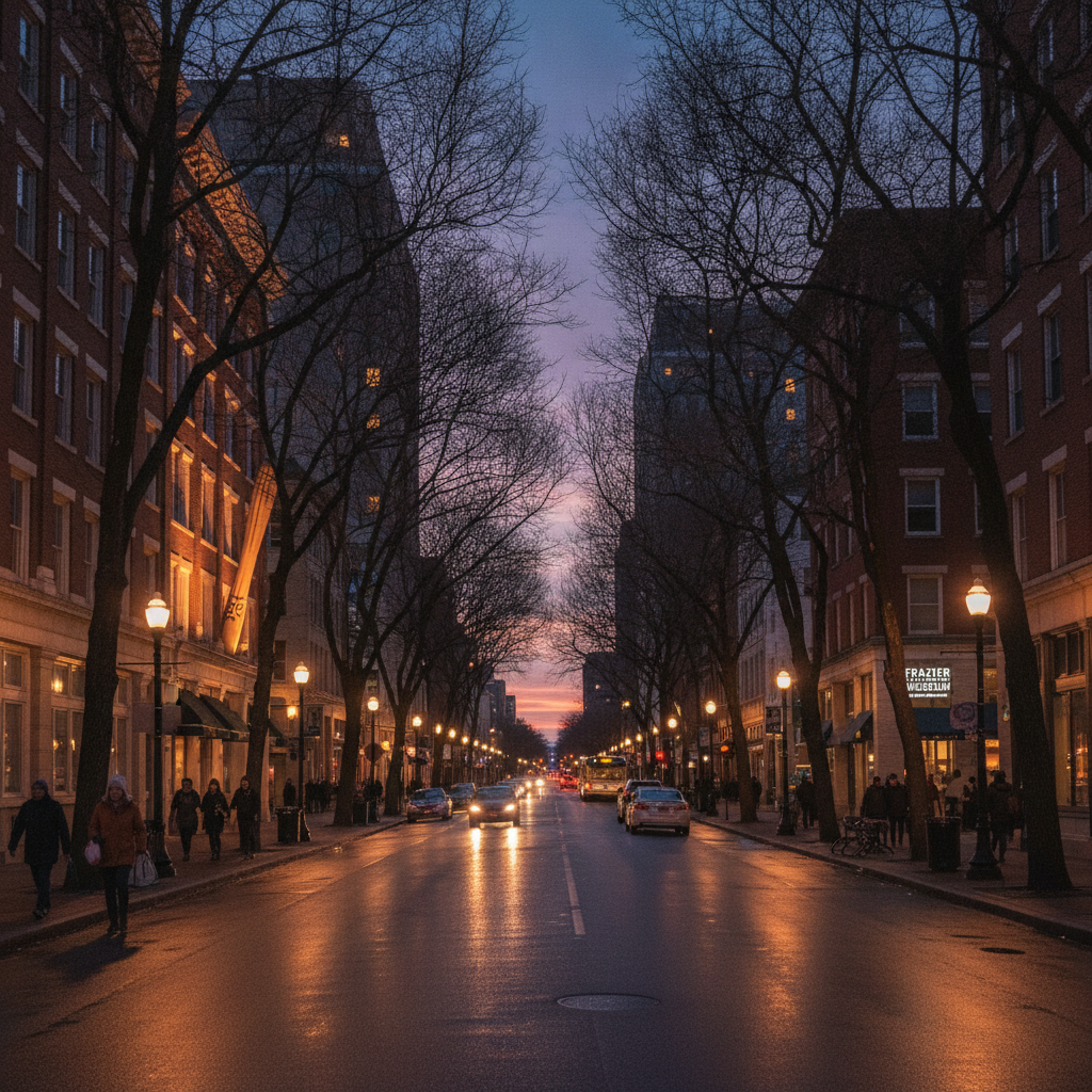 Downtown Louisville street scene on Main Street in late November with bare trees and city buildings at dusk