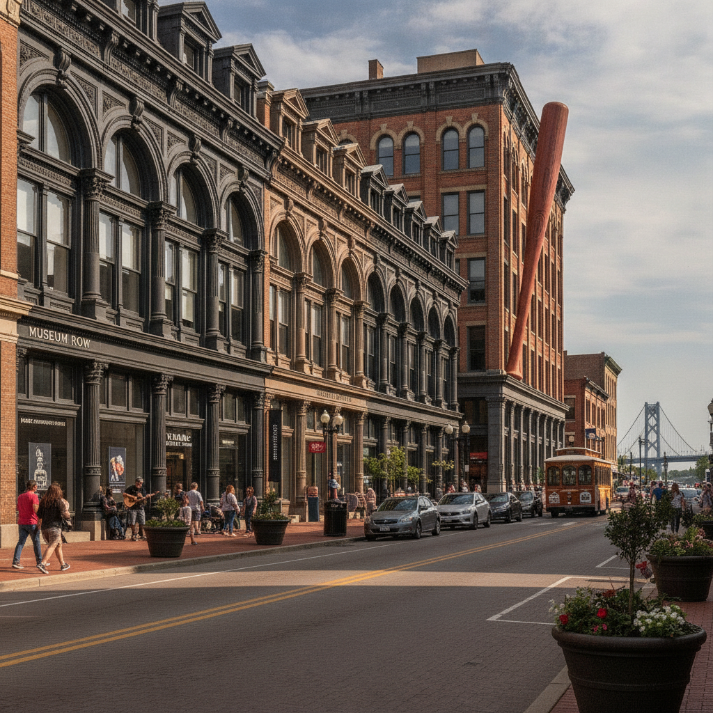 West Main Street in downtown Louisville, Kentucky, looking toward the Louisville Slugger Museum & Factory and its row of historic cast-iron building facades