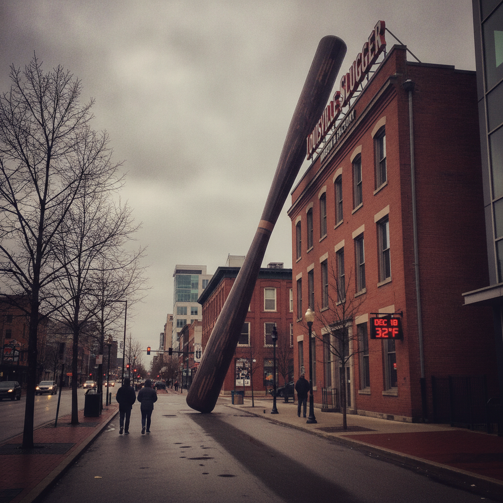 The Louisville Slugger Museum & Factory giant bat leaning against the building on West Main Street in downtown Louisville on a grey winter day