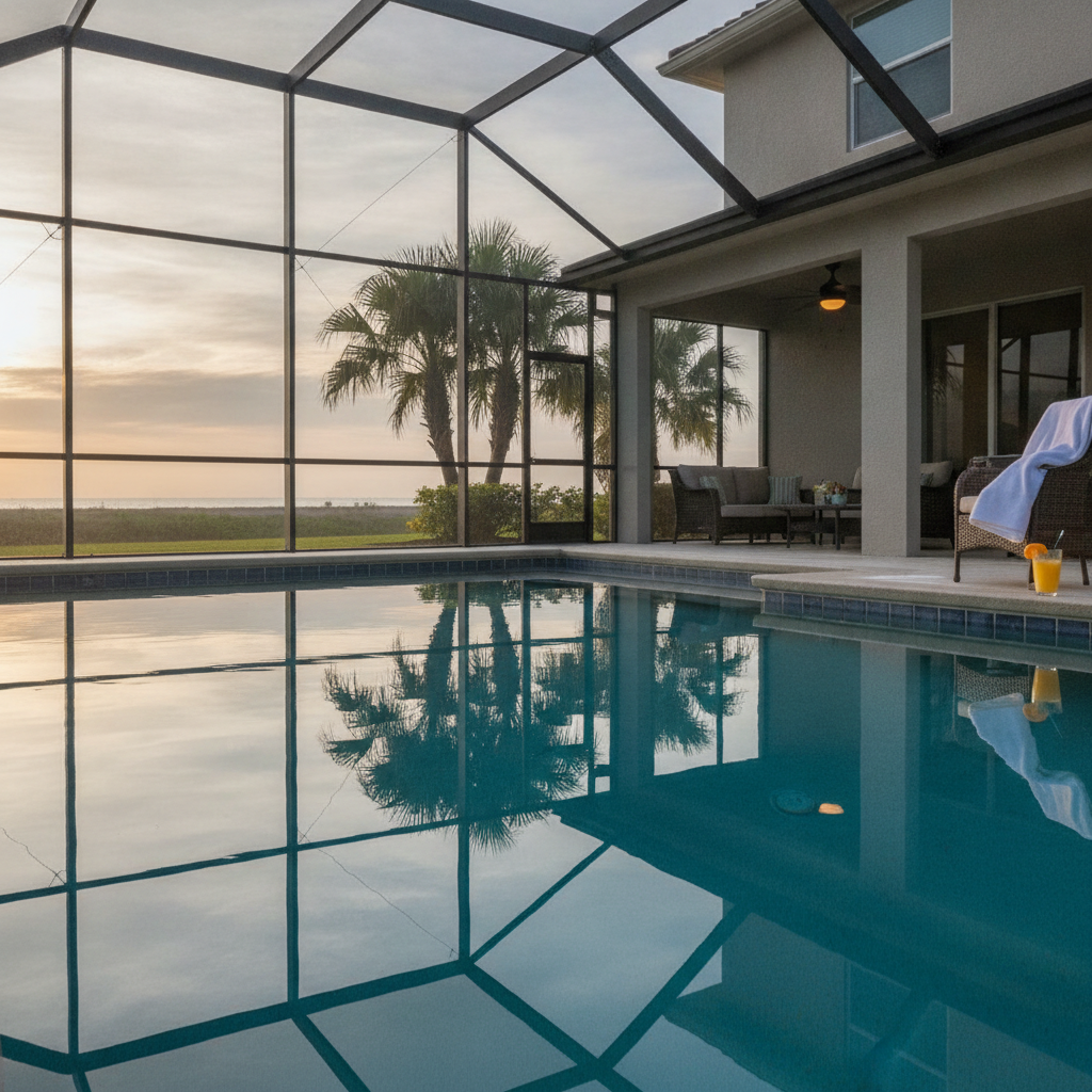 Piscina privada con cerramiento de malla y terraza cubierta en una casa adosada de dos plantas en Storey Lake Resort, Kissimmee, Florida