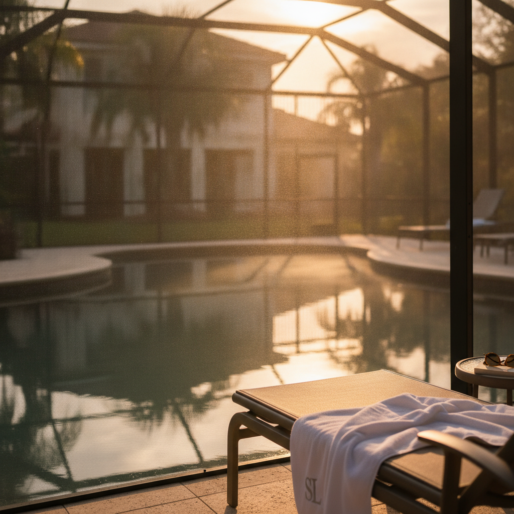 Screened private pool and lanai behind a two-story townhome at Storey Lake Resort in Kissimmee, Florida