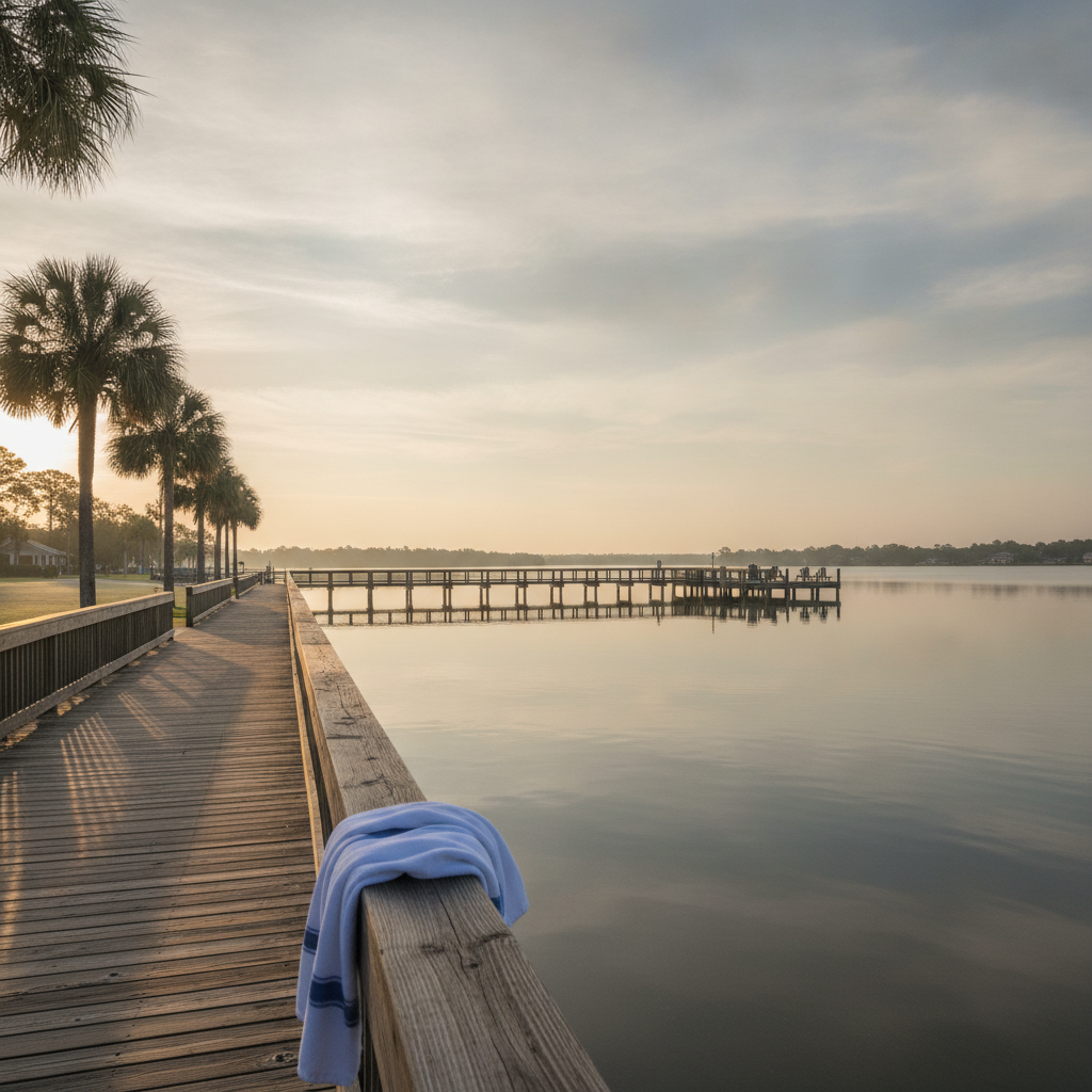 El paseo de madera y el muelle de Waterfront Park junto a Lake Minneola en el centro de Clermont, Florida