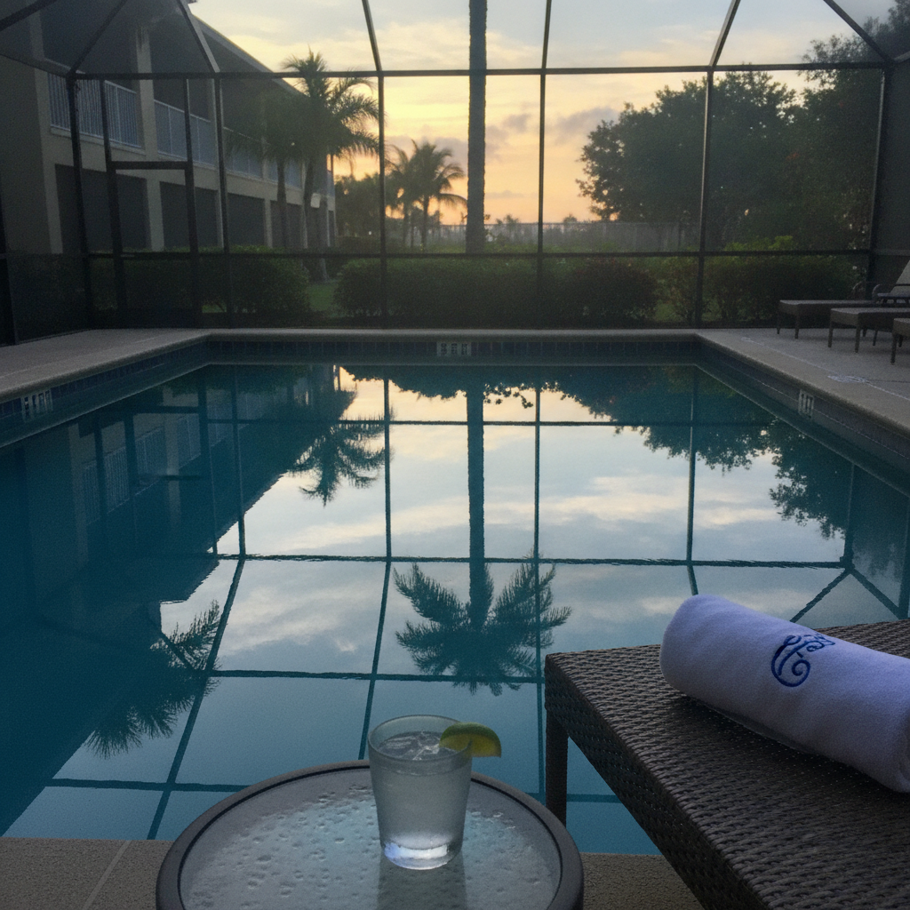 Screened private pool and lanai behind a two-story townhome at Storey Lake Resort in Kissimmee, Florida
