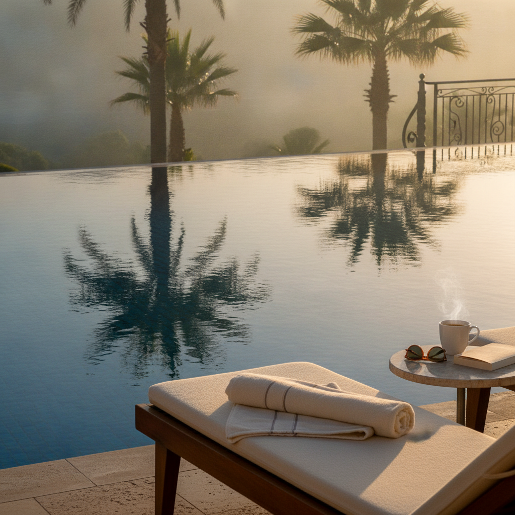 La terraza de la piscina de la casa club del complejo Champions Gate con palmeras y tumbonas en Davenport, Florida