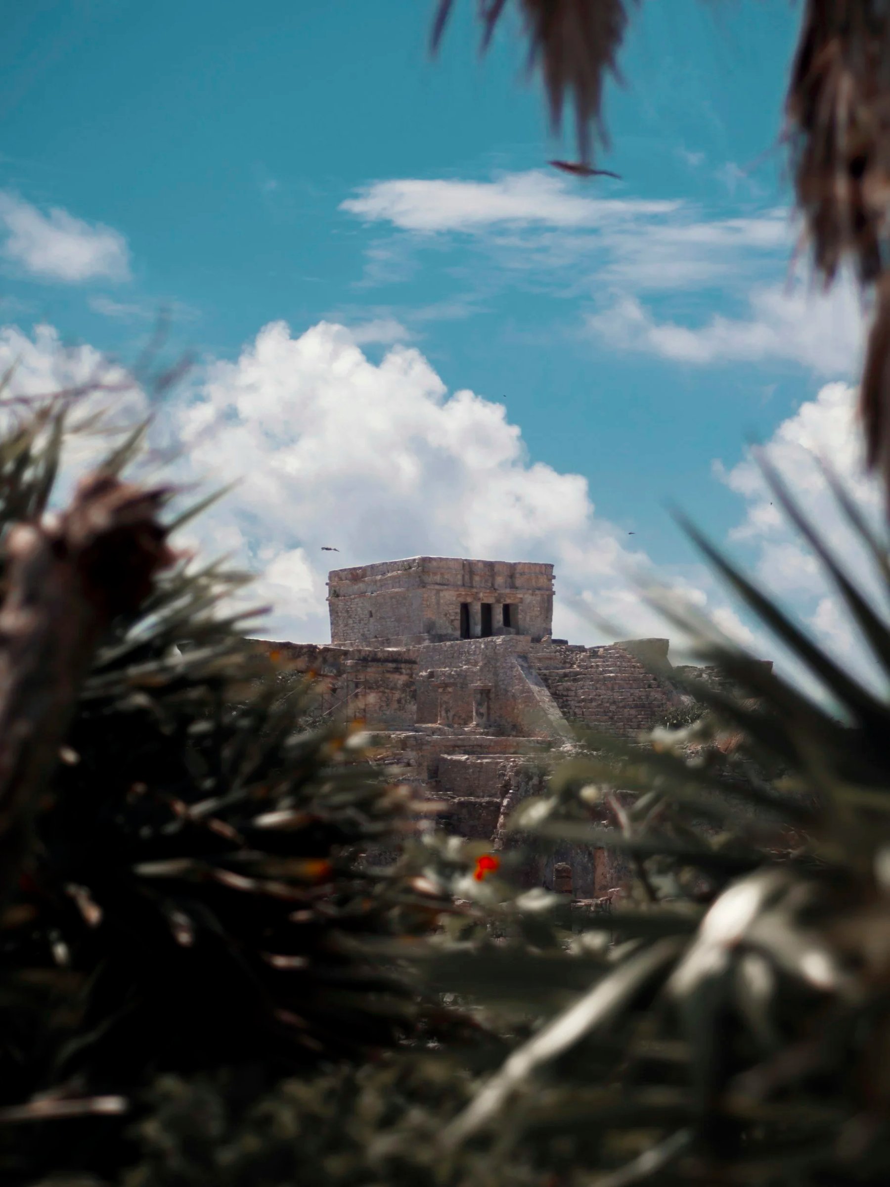 Ancient stone Mayan pyramid viewed through surrounding greenery, under a partly cloudy sky.