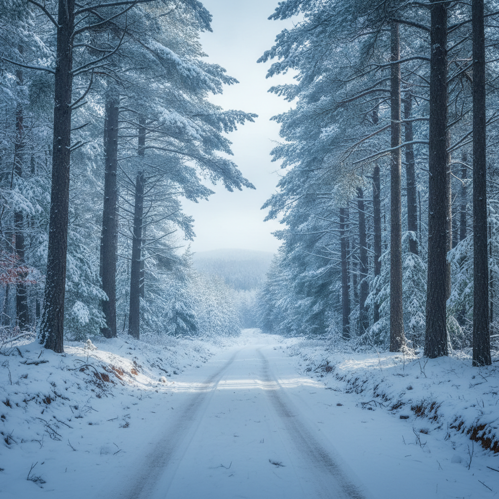 Snow-covered dirt road through pine forest in Monterey, Massachusetts, in January