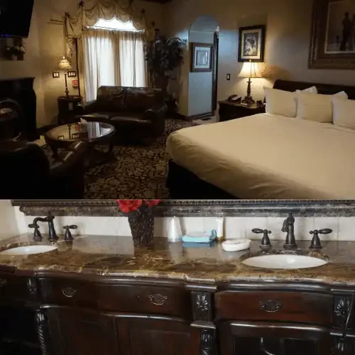 Master Suite with gas fireplace and jetted tub overlooking the mountains at Arrowhead Manor