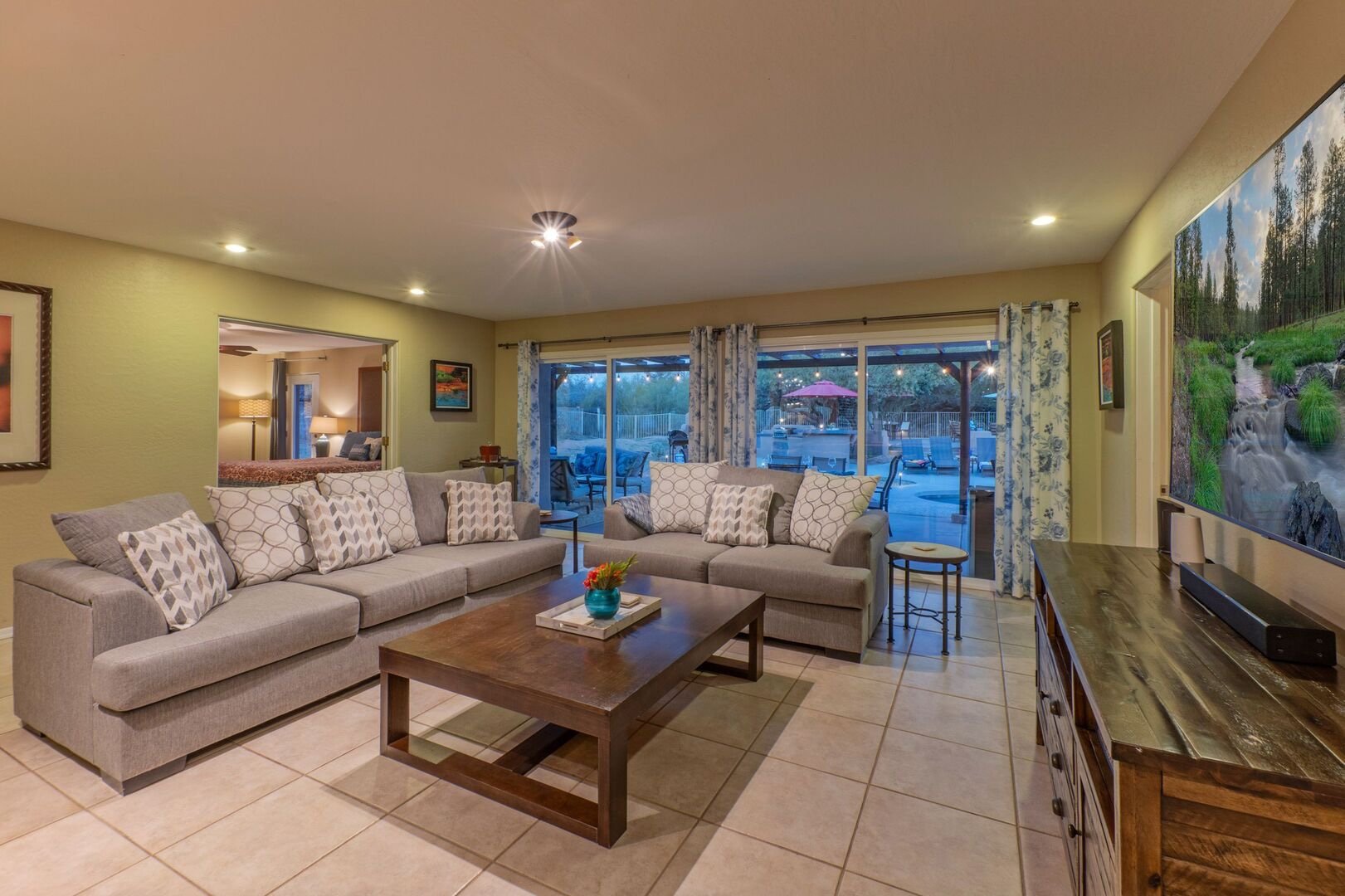 Vacation rental living room at dusk