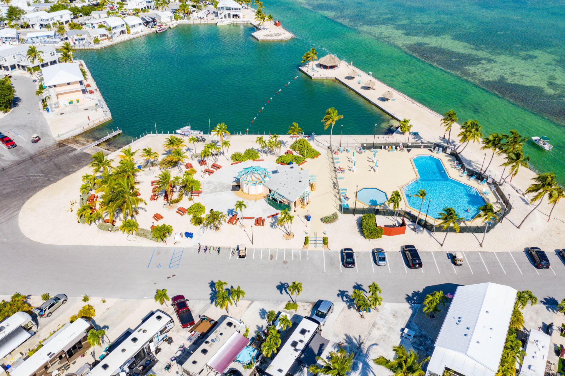 Aerial view of Venture Out RV sites, pool and lagoon, Cudjoe Key