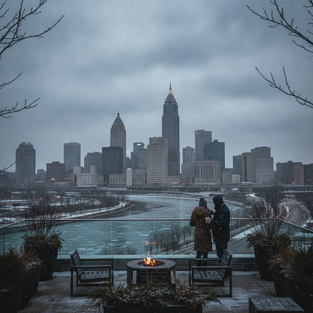 Downtown Cleveland skyline seen from a rooftop patio on a cold, grey late-winter afternoon