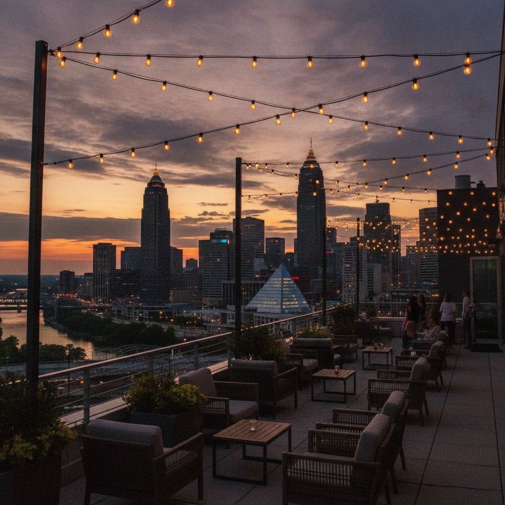 Cleveland skyline seen from a downtown rooftop patio at dusk with bistro lights strung overhead