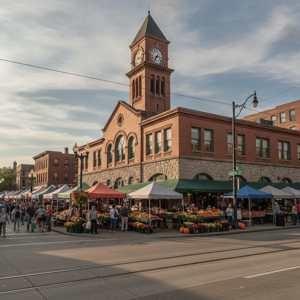 Produce stands and the brick clock tower of the West Side Market at West 25th Street and Lorain Avenue in Cleveland's Ohio City neighborhood