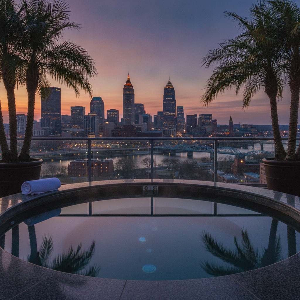 Rooftop balcony with a hot tub overlooking the downtown Cleveland skyline at dusk, seen from the Duck Island neighborhood