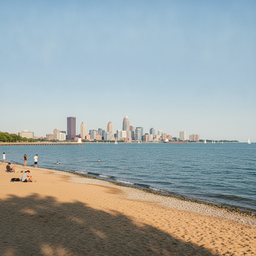 Lake Erie shoreline at Edgewater Park in Cleveland, with the downtown skyline in the distance on a clear afternoon
