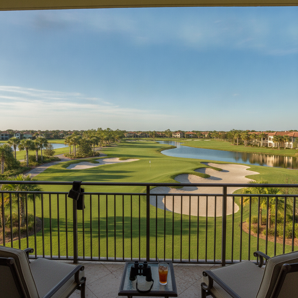 Balcony view over a fairway and green at Reunion Resort golf course in Kissimmee, Florida, on a clear November afternoon