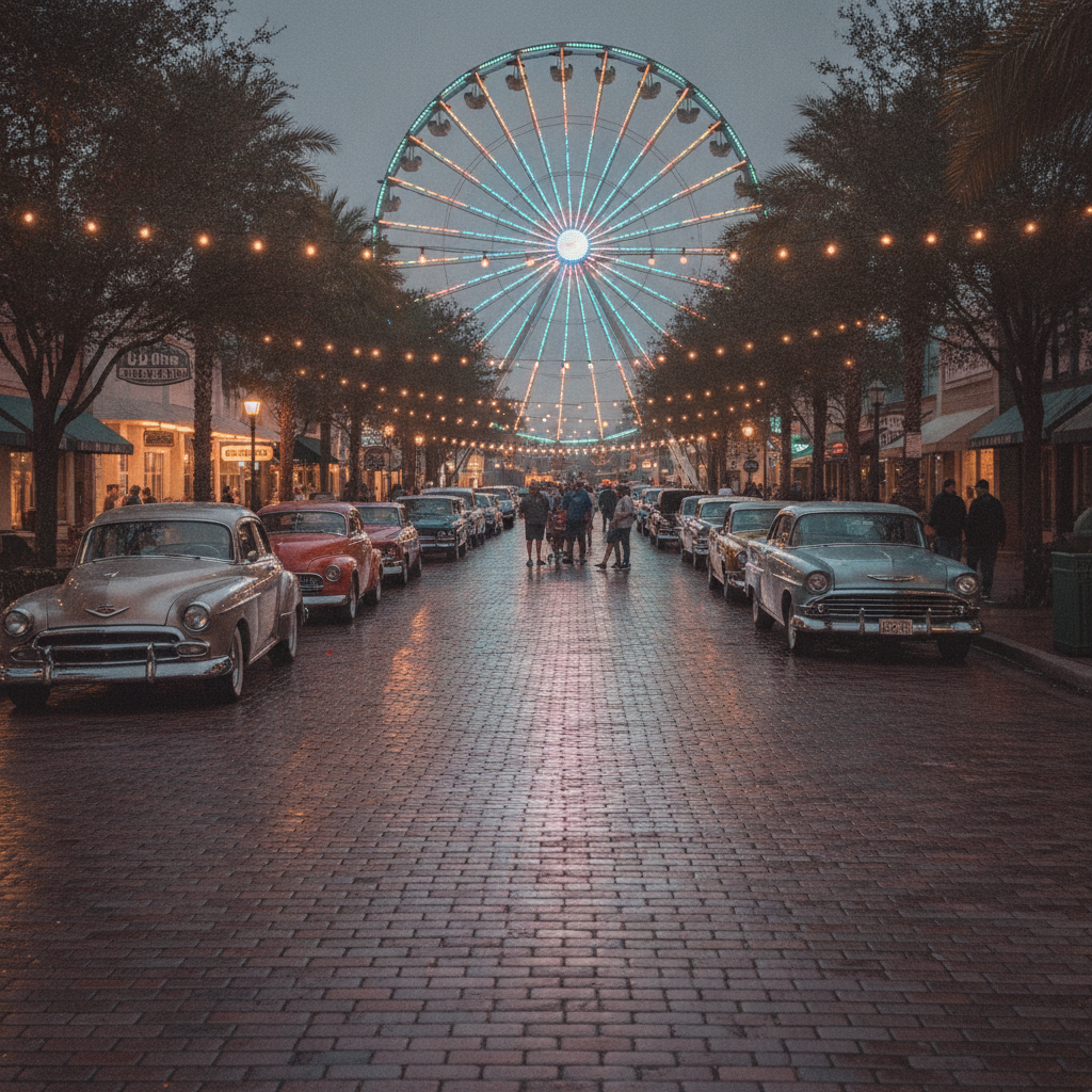 Classic cars lined up along the main street at Old Town in Kissimmee, Florida, on a Saturday evening with the Ferris wheel lit behind