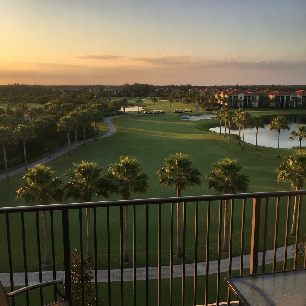 Golf course fairway and palm trees at Reunion Resort in Kissimmee, Florida, seen from a condo balcony in late afternoon