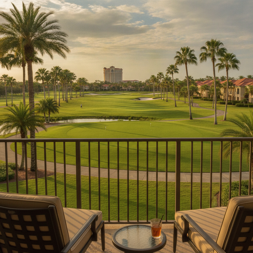 Balcony view over a fairway at Reunion Resort in Kissimmee, Florida, with palm trees and the Reunion Grande in the distance