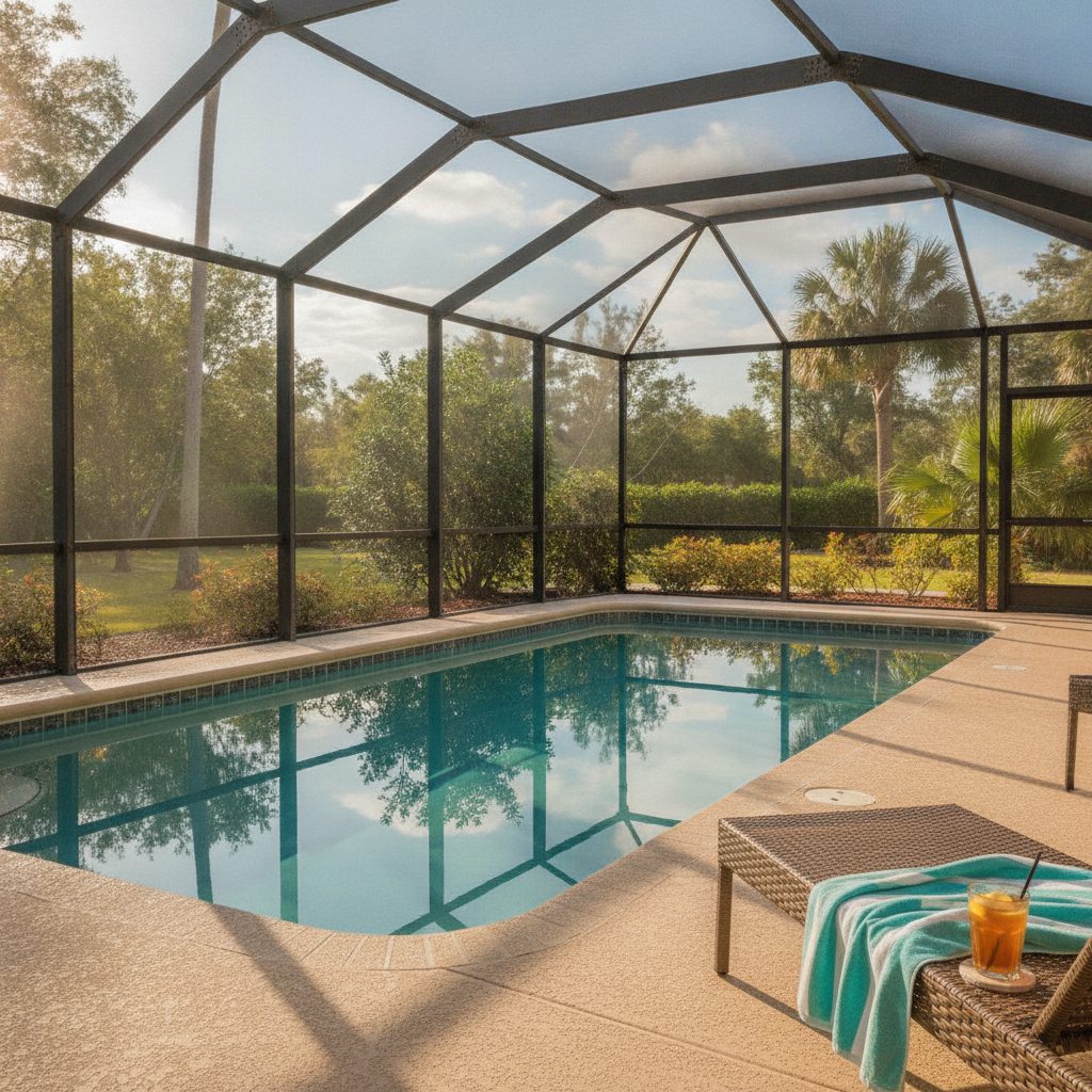 Screened private pool deck and patio at a single-storey vacation home in Kissimmee, Florida, in afternoon sun