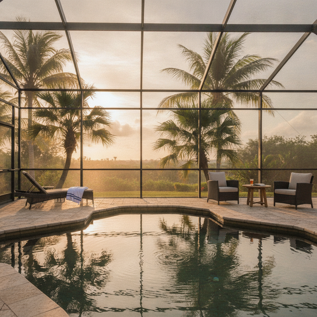 A private screened pool deck at a Kissimmee vacation home in December, with patio furniture and palms under late afternoon sun